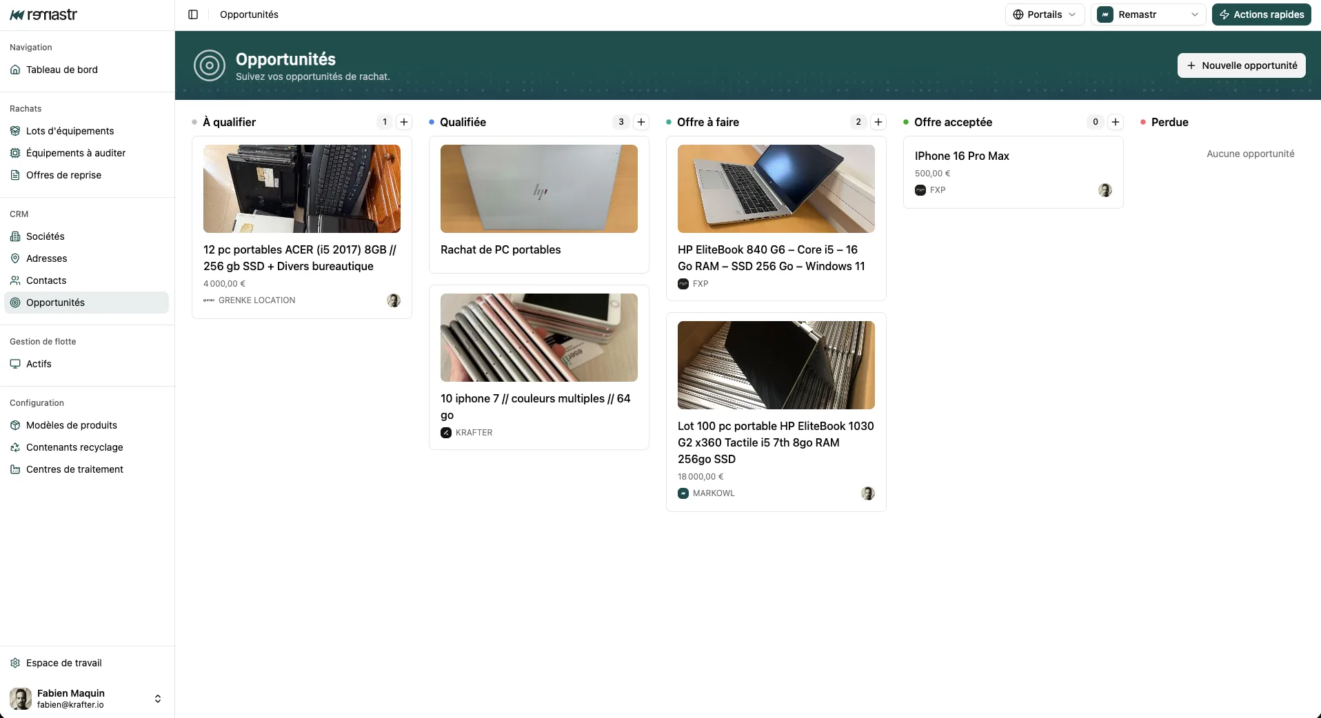Liste des opportunités de rachat dans Remastr, avec statuts et cotations.